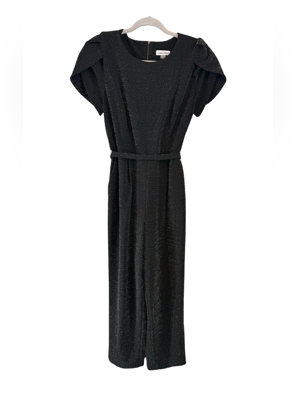 Calvin Klein Metallic Shimmer Wide Leg Jumpsuit Belted Flutter Sleeve Pockets 10